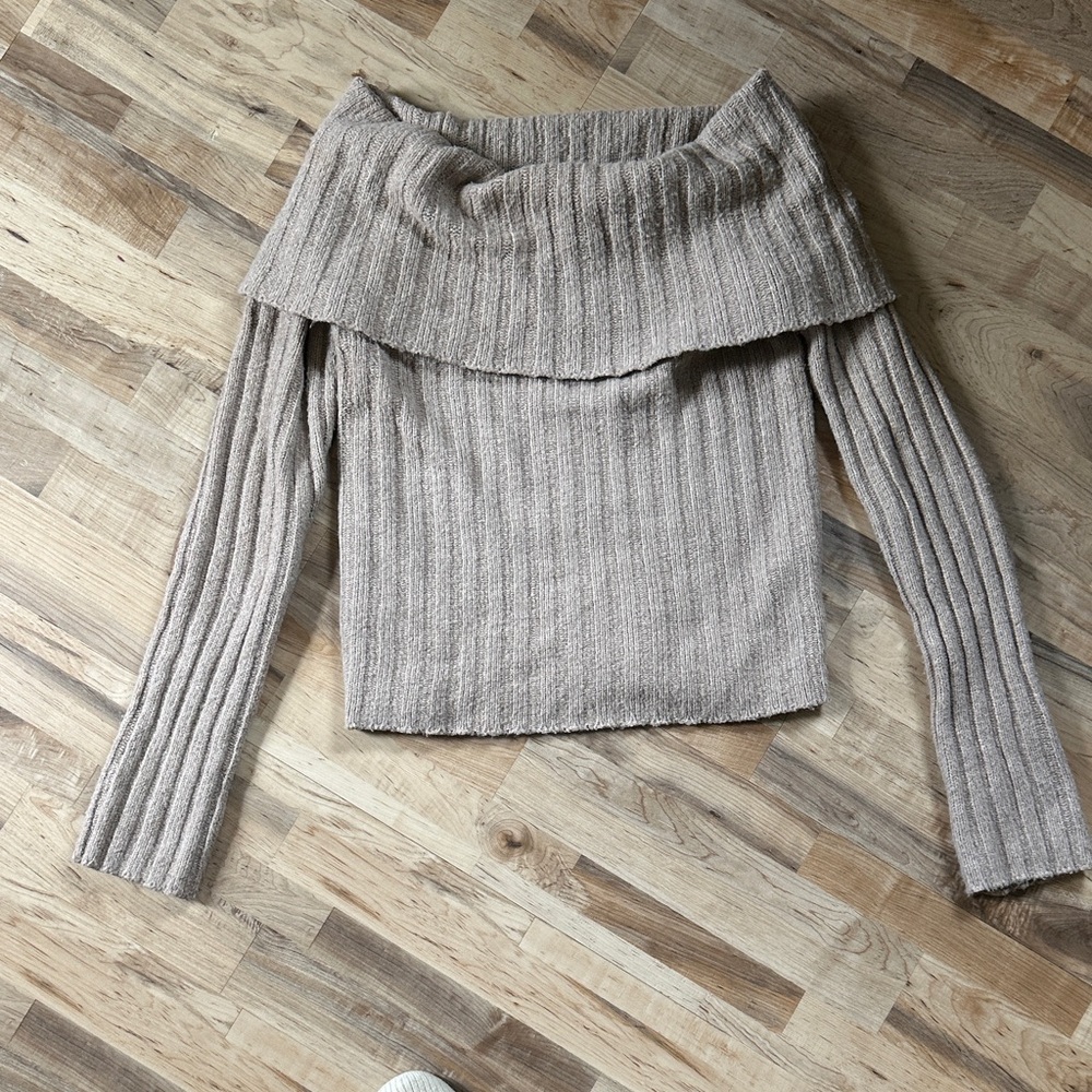 Pink Rose Off-Shoulder Ribbed Sweater - Beige